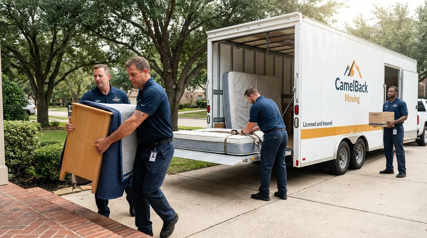 Crew loading residential truck for cross-state move from Signal Hill, CA