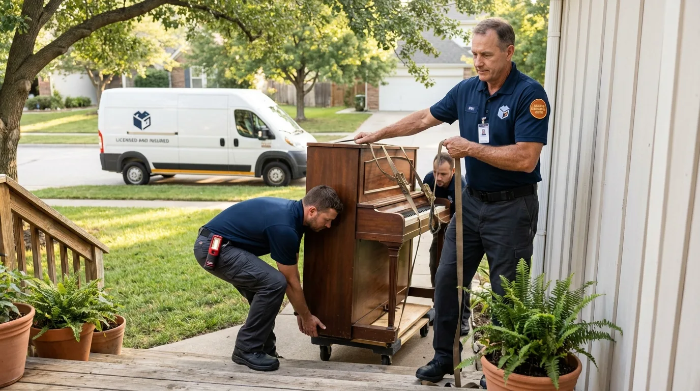 Licensed piano movers securing grand piano in Signal Hill, CA