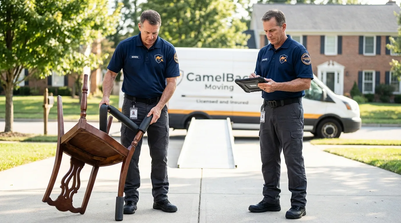 Movers inspecting furniture for damage prevention before loading in Signal Hill, CA